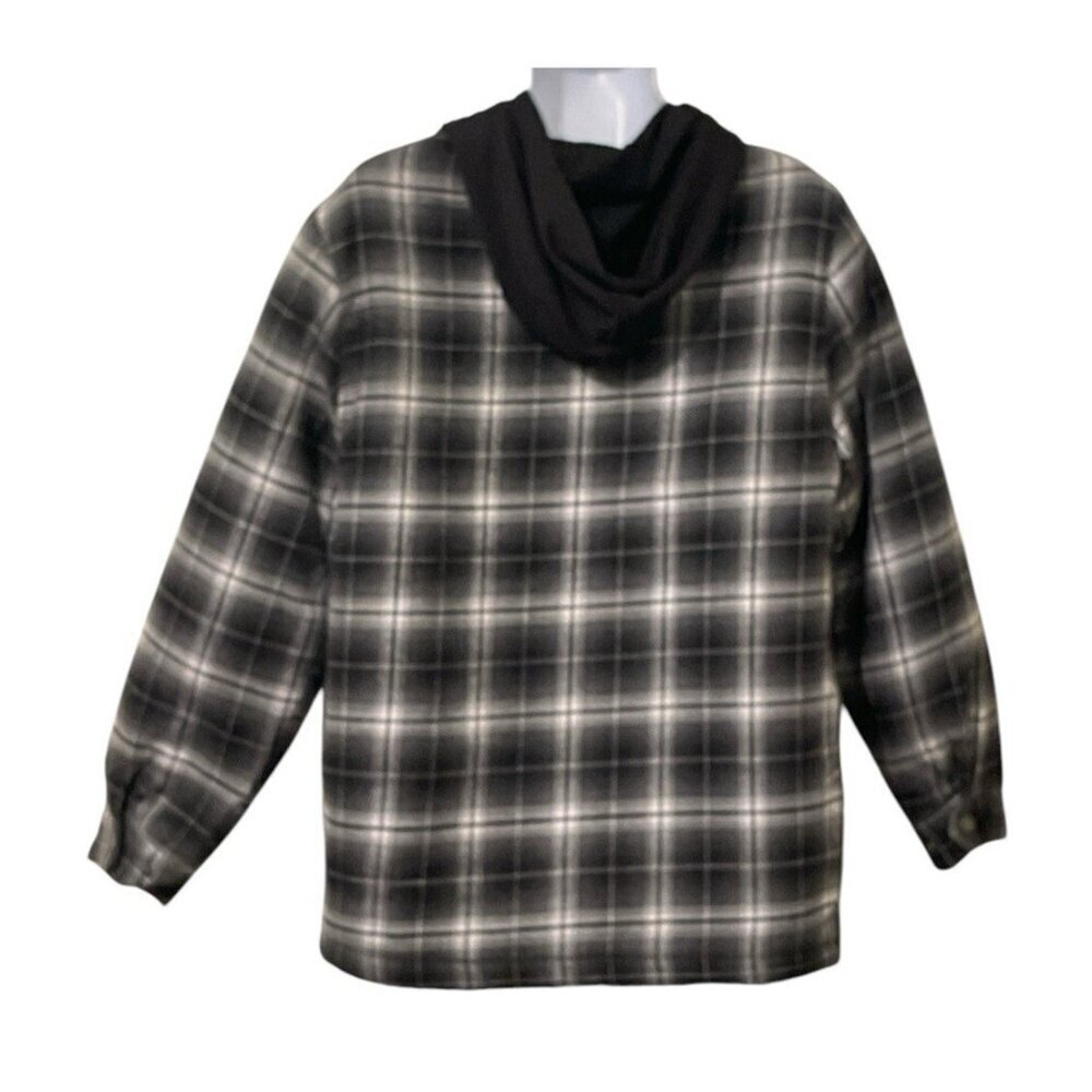 RQQBA Womens Plaid Front Zip Plaid Hood Jacket Size L Black White Front Pockets